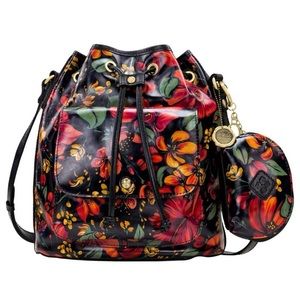 Patricia Nash Floral Italian Leather Drawstring tropical escape Bucket Bag